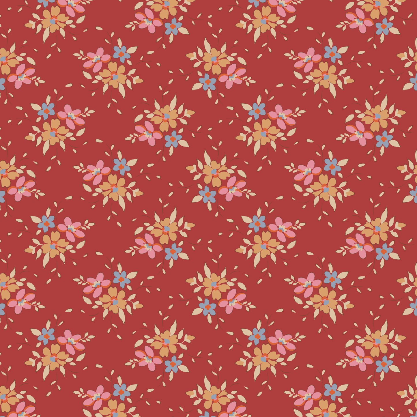 A repeating floral pattern on a warm red background, featuring small pink, blue, yellow, and beige flowers with scattered beige petals.
Photo by Tildafabrics.com [image_link]