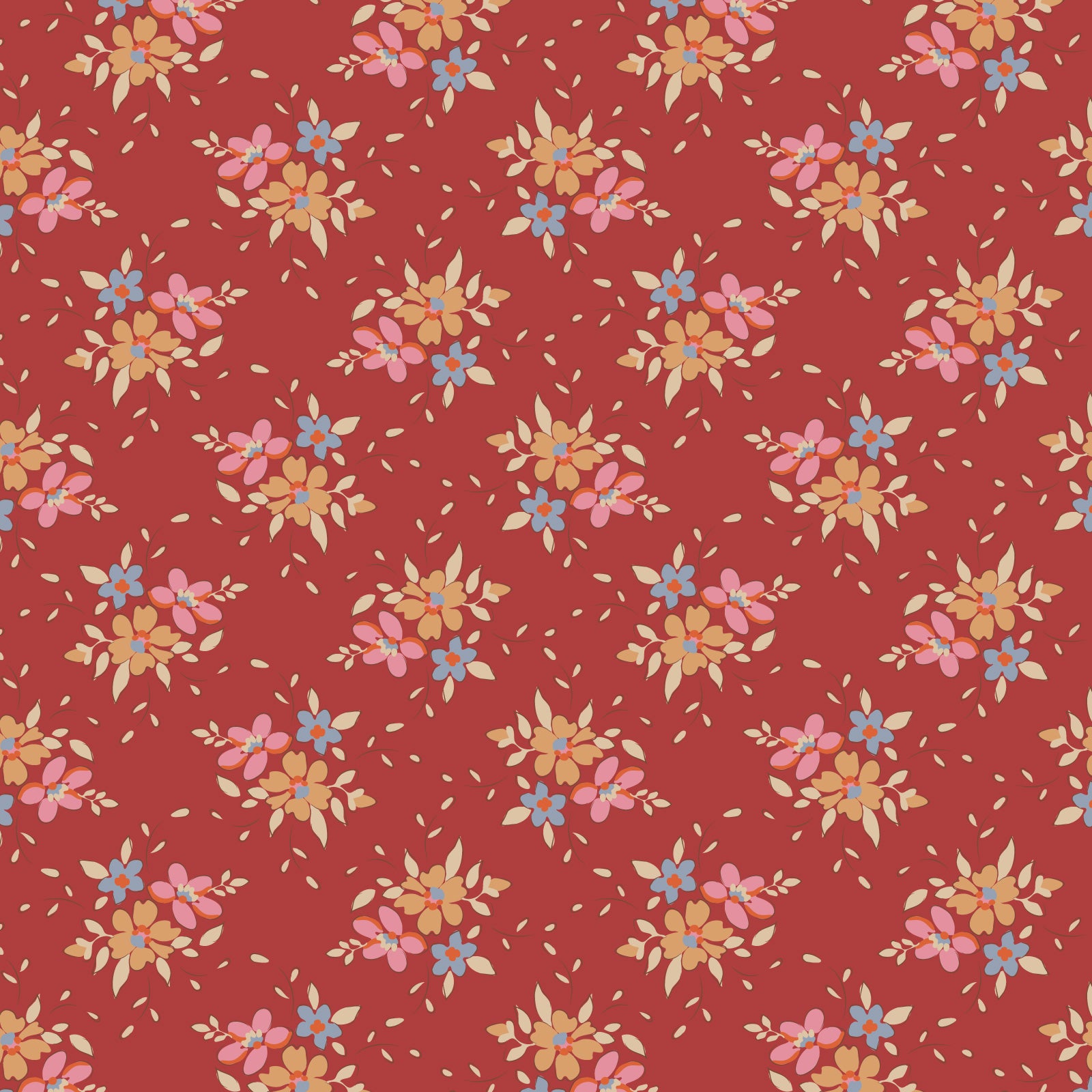A repeating floral pattern on a warm red background, featuring small pink, blue, yellow, and beige flowers with scattered beige petals.
Photo by Tildafabrics.com [image_link]