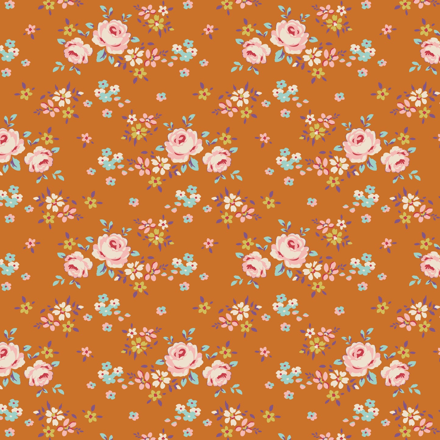 A fabric from the Tilda Creating Memories Gracie Ginger collection featuring a floral pattern with ginger, saffron, brown, and rust colors, and a hint of blue-grey, khaki, and toffee.
Photo by Tildafabrics.com [image_link]