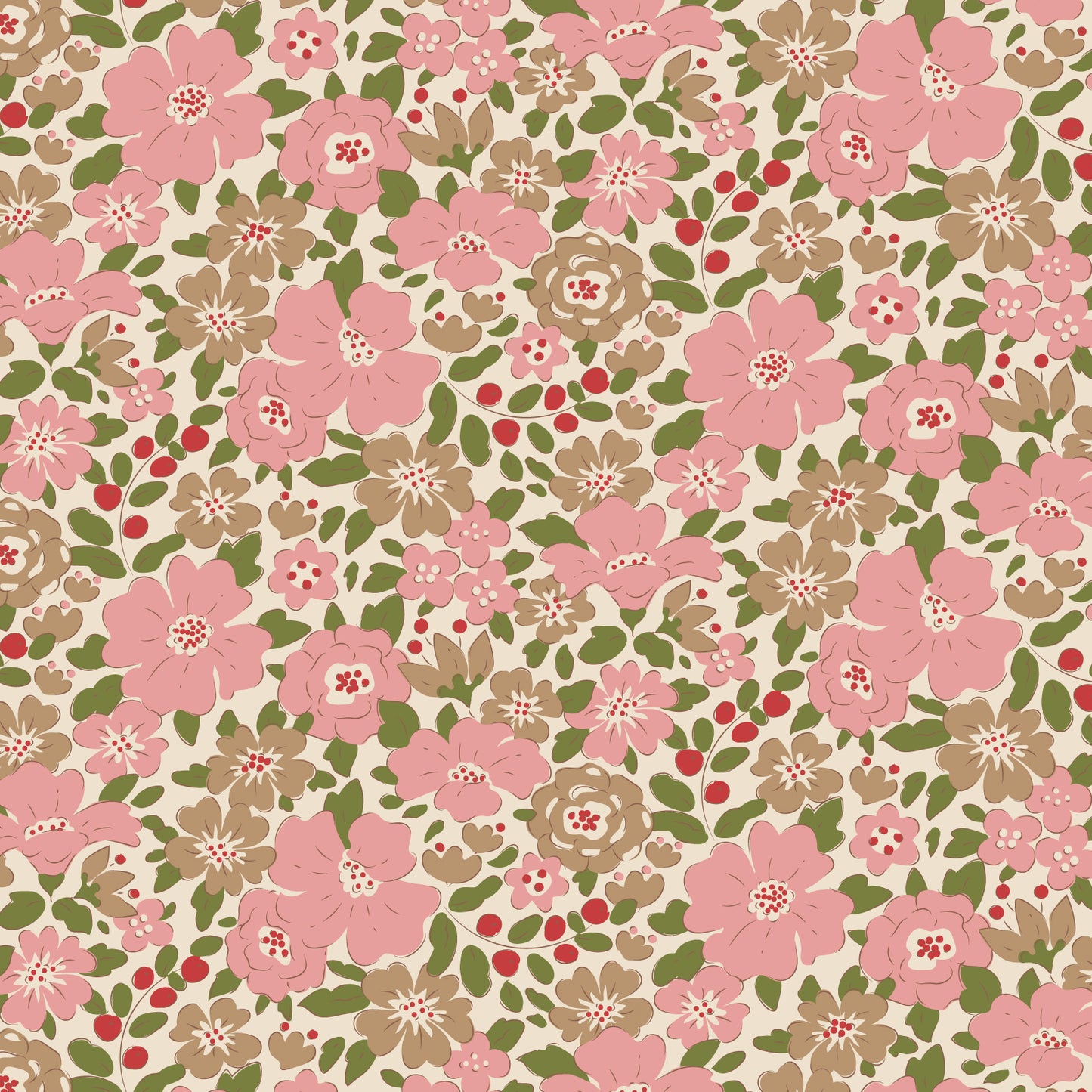 A fabric with a floral pattern in red, burgundy, and green shades, part of the Tilda Fabrics' Creating Memories collection.
Photo by Tildafabrics.com [image_link]