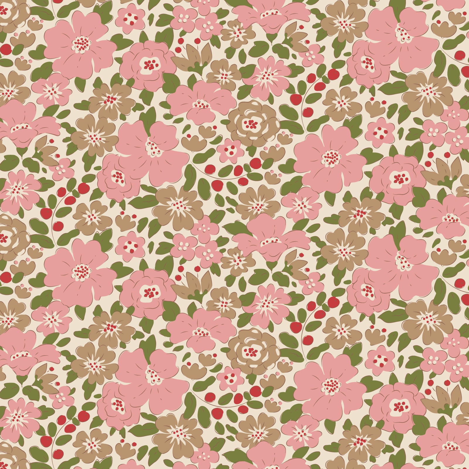 A fabric with a floral pattern in red, burgundy, and green shades, part of the Tilda Fabrics' Creating Memories collection.
Photo by Tildafabrics.com [image_link]