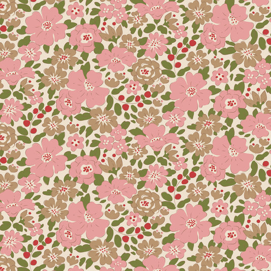 A fabric with a floral pattern in red, burgundy, and green shades, part of the Tilda Fabrics' Creating Memories collection.
Photo by Tildafabrics.com [image_link]