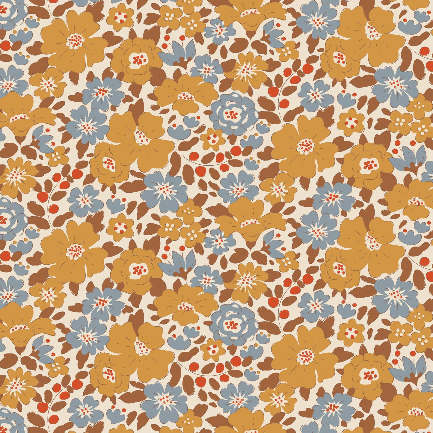 A fabric with a floral pattern featuring saffron, brown, and blue-grey colors, and a textured background.
Photo by Tildafabrics.com [image_link]