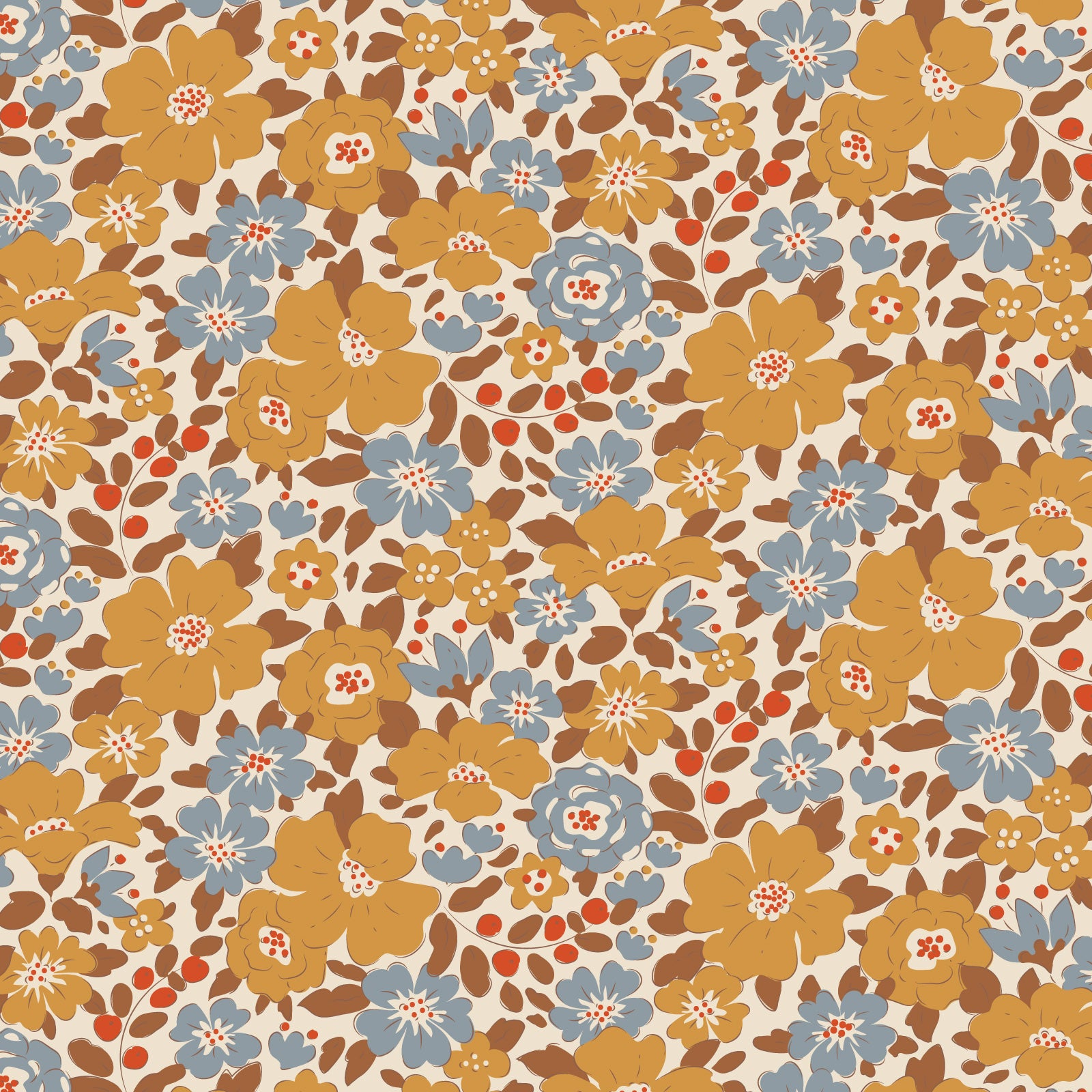 A fabric with a floral pattern featuring saffron, brown, and blue-grey colors, and a textured background.
Photo by Tildafabrics.com [image_link]