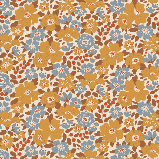 A fabric with a floral pattern featuring saffron, brown, and blue-grey colors, and a textured background.
Photo by Tildafabrics.com [image_link]