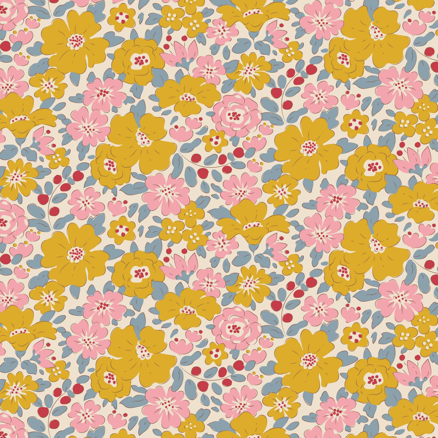 A fabric with a floral pattern in yellow, pink, cream, and blue hues, part of the Tilda Fabrics' Creating Memories collection.
Photo by Tildafabrics.com [image_link]