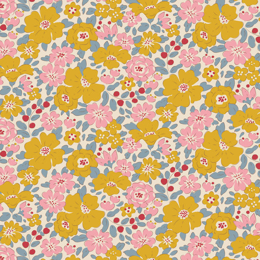 A fabric with a floral pattern in yellow, pink, cream, and blue hues, part of the Tilda Fabrics' Creating Memories collection.
Photo by Tildafabrics.com [image_link]