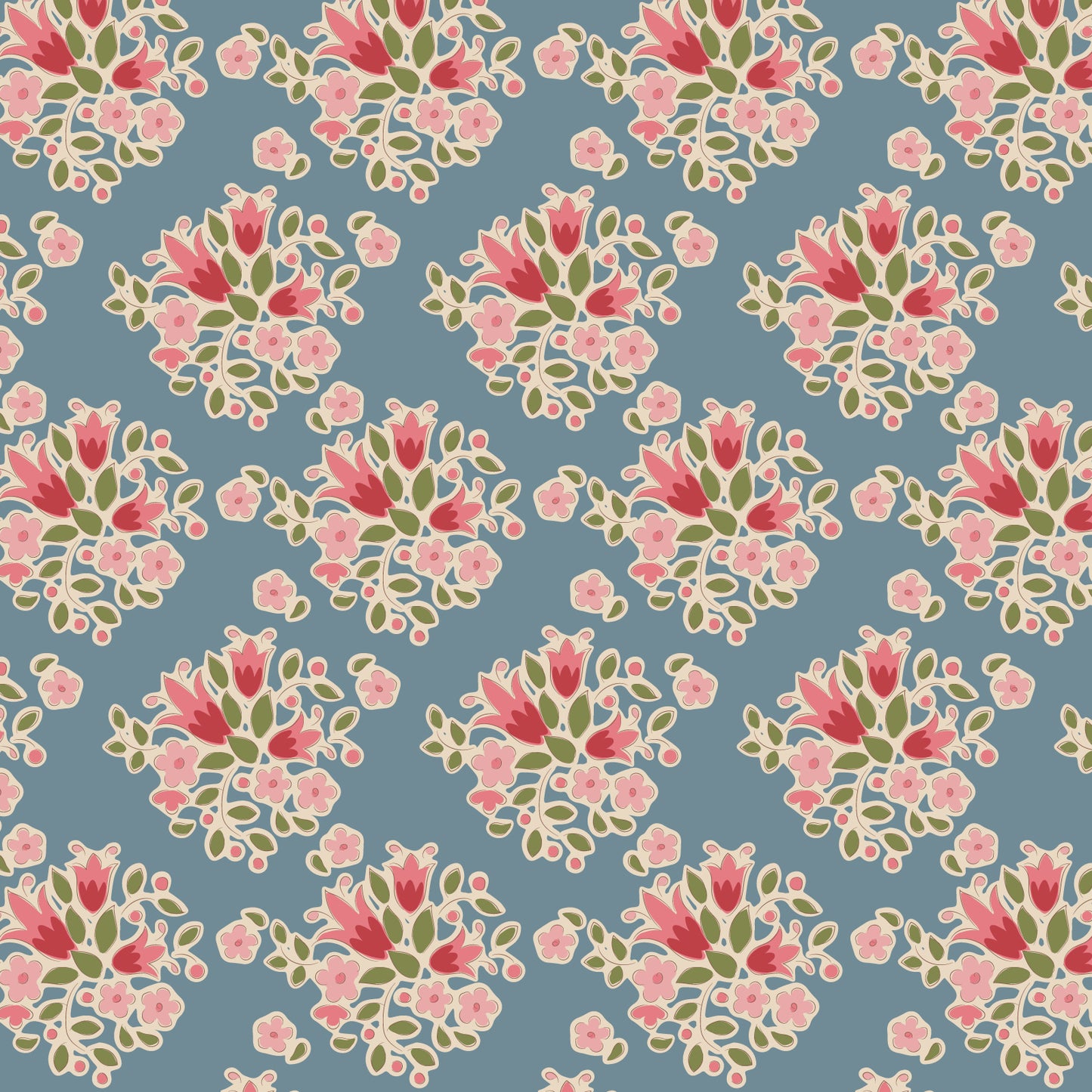 A fabric with a floral pattern featuring blue background and pink flowers, part of the Creating Memories collection by Tilda.
Photo by Tildafabrics.com [image_link]