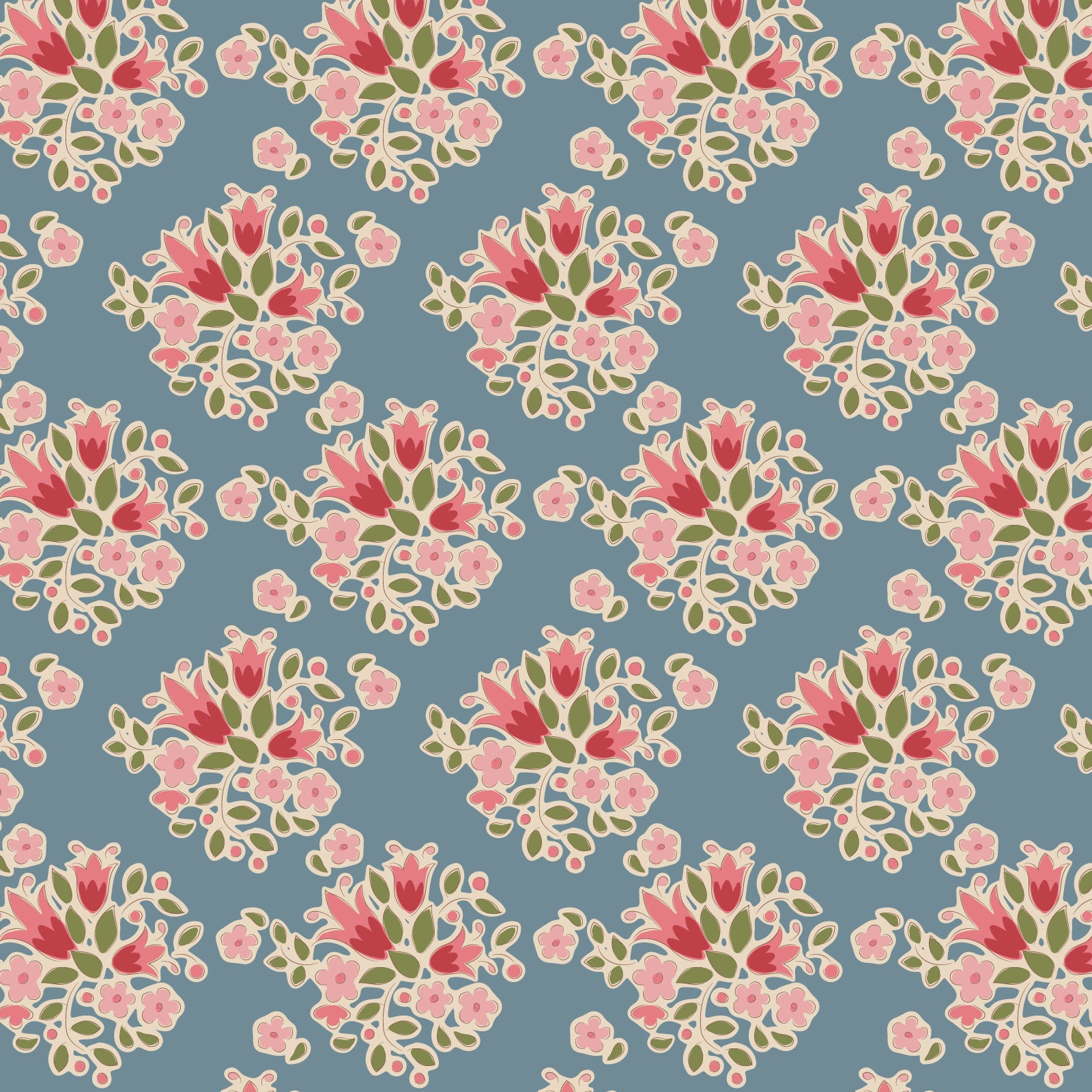 A fabric with a floral pattern featuring blue background and pink flowers, part of the Creating Memories collection by Tilda.
Photo by Tildafabrics.com [image_link]