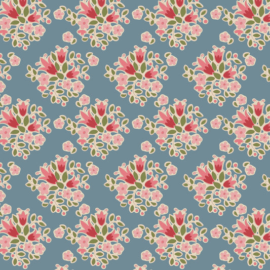 A fabric with a floral pattern featuring blue background and pink flowers, part of the Creating Memories collection by Tilda.
Photo by Tildafabrics.com [image_link]