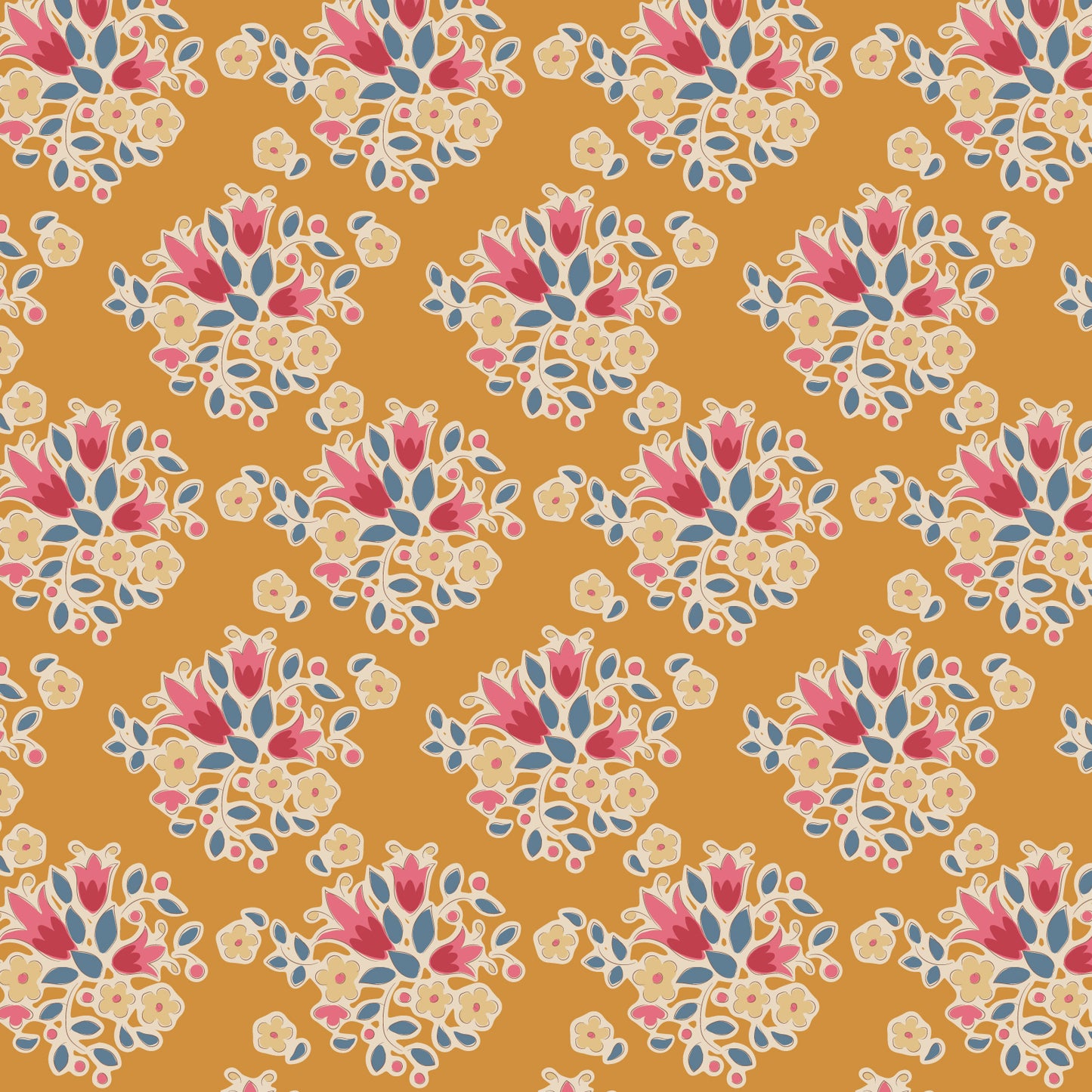 A repeating floral pattern on a warm mustard-orange background, featuring cream flowers with pink centers and blue-green leaves.
Photo by Tildafabrics.com [image_link]