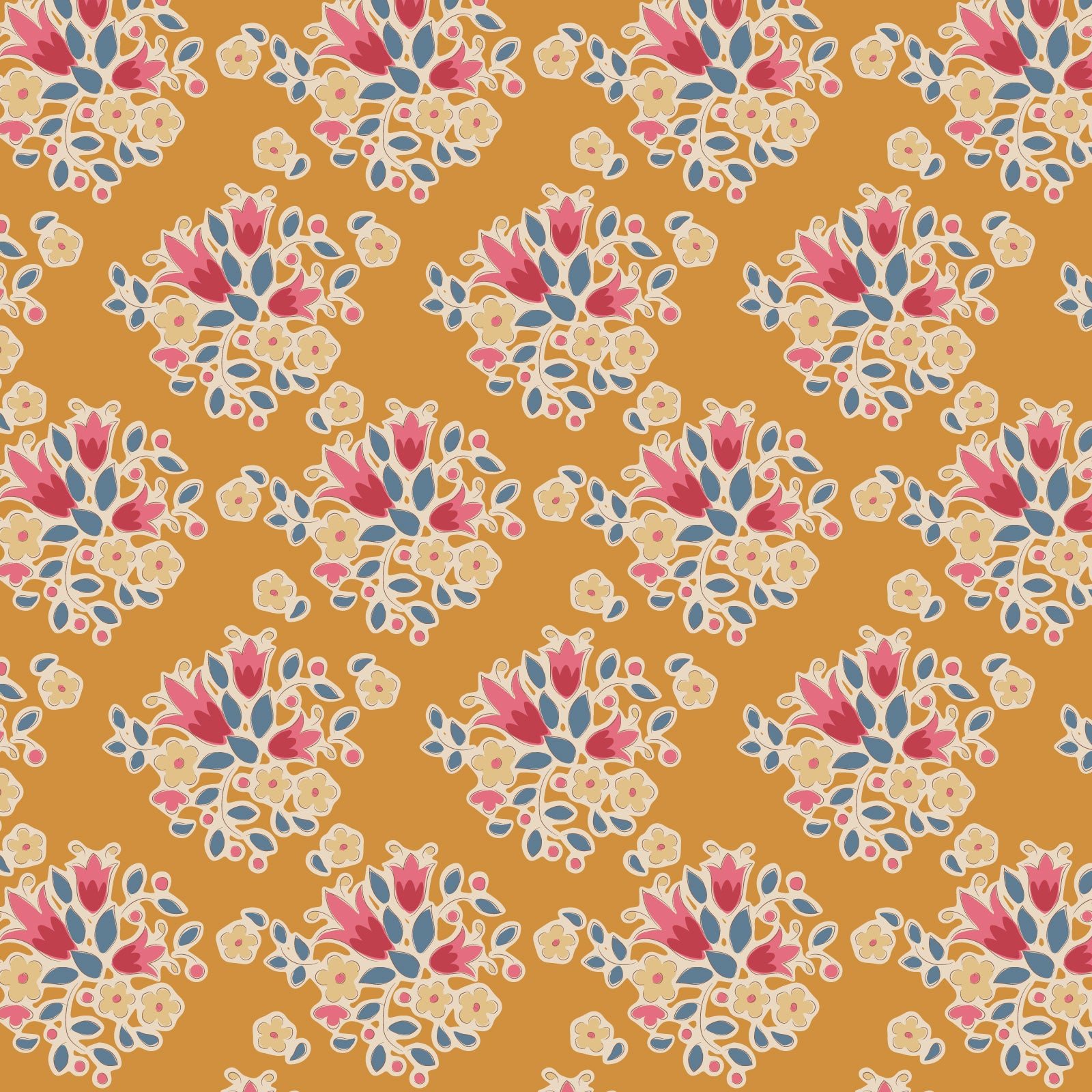 A repeating floral pattern on a warm mustard-orange background, featuring cream flowers with pink centers and blue-green leaves.
Photo by Tildafabrics.com [image_link]