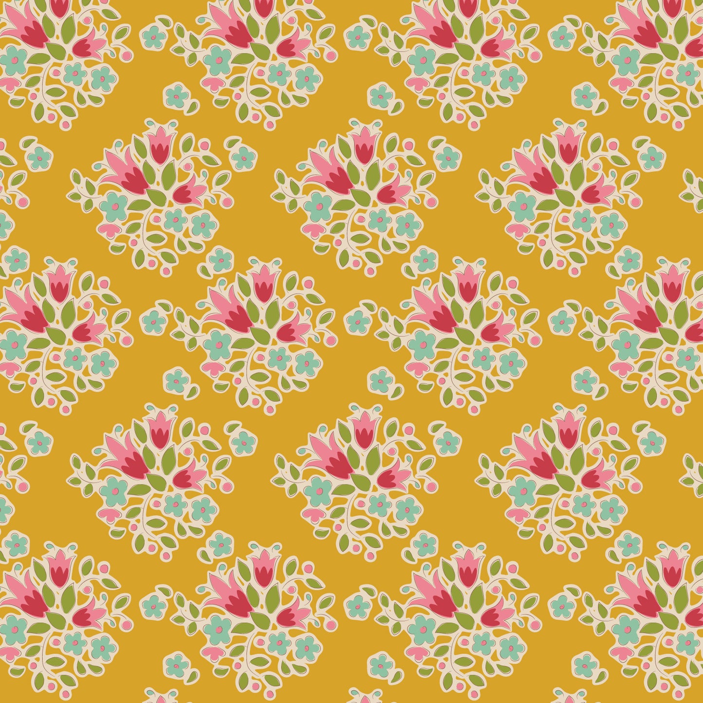 A fabric with a floral pattern in yellow, green, pink, cream, and teal colors, part of the Tilda Fabrics' Creating Memories collection.
Photo by Tildafabrics.com [image_link]