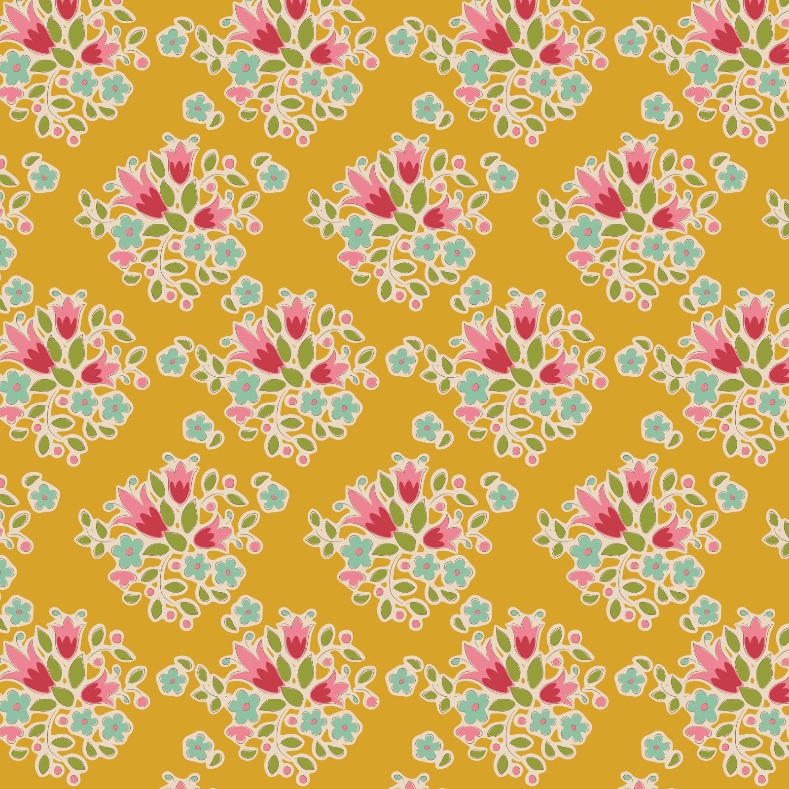 A fabric with a floral pattern in yellow, green, pink, cream, and teal colors, part of the Tilda Fabrics' Creating Memories collection.
Photo by Tildafabrics.com [image_link]