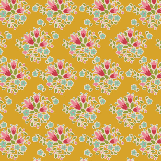 A fabric with a floral pattern in yellow, green, pink, cream, and teal colors, part of the Tilda Fabrics' Creating Memories collection.
Photo by Tildafabrics.com [image_link]