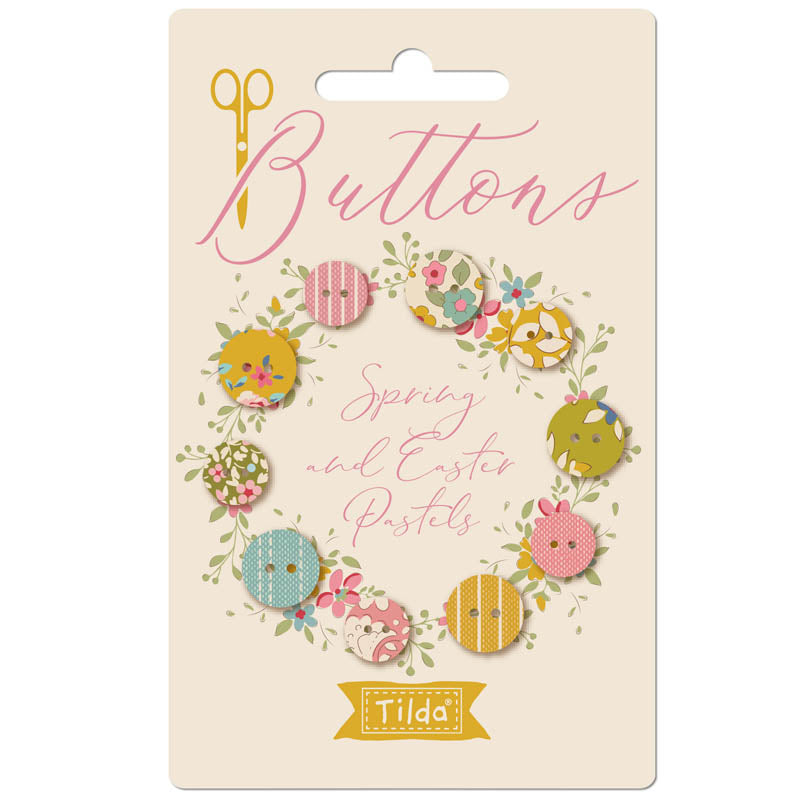 Packaging of Tilda buttons with floral design and 'Spring and Easter Pastels' text on a beige background.
Photo by Tildafabrics.com [image_link]