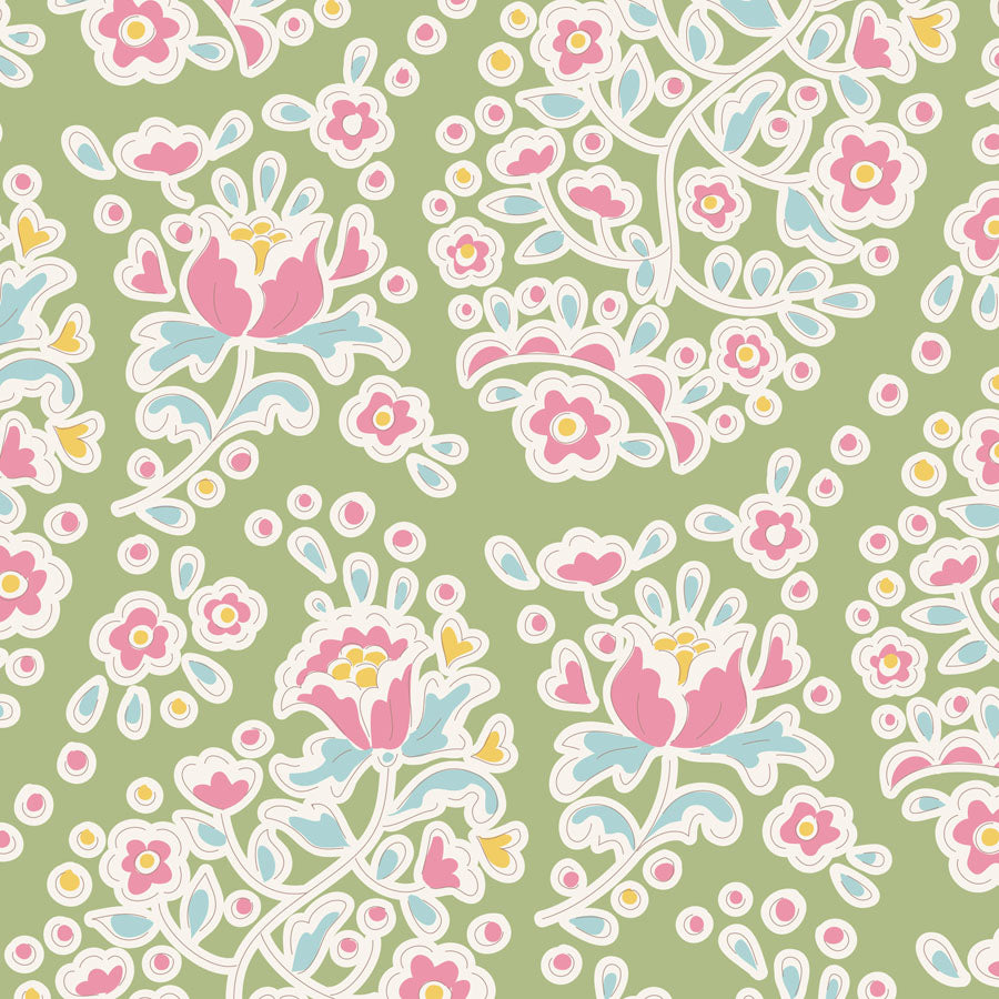 A repeating floral pattern on a light sage green background, featuring pink flowers, white outlines, and light blue and yellow accents.
Photo by Tildafabrics.com [image_link]
