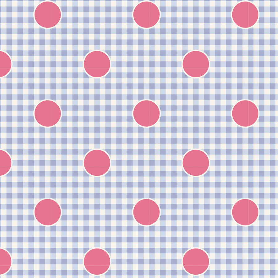 Blue and white gingham with pink polka dots on top.
Photo by Tildafabrics.com [image_link]