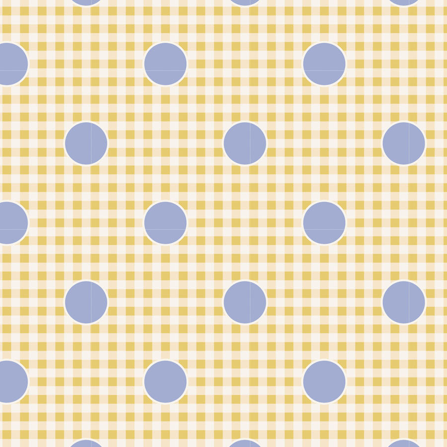A repeating pattern of light blue polka dots on a pale yellow gingham background.
Photo by Tildafabrics.com [image_link]