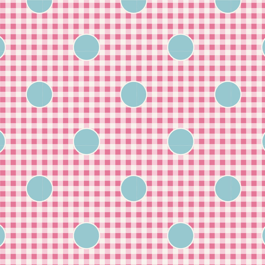A repeating pattern of light pink and white gingham check with large light blue polka dots outlined in white.
Photo by Tildafabrics.com [image_link]