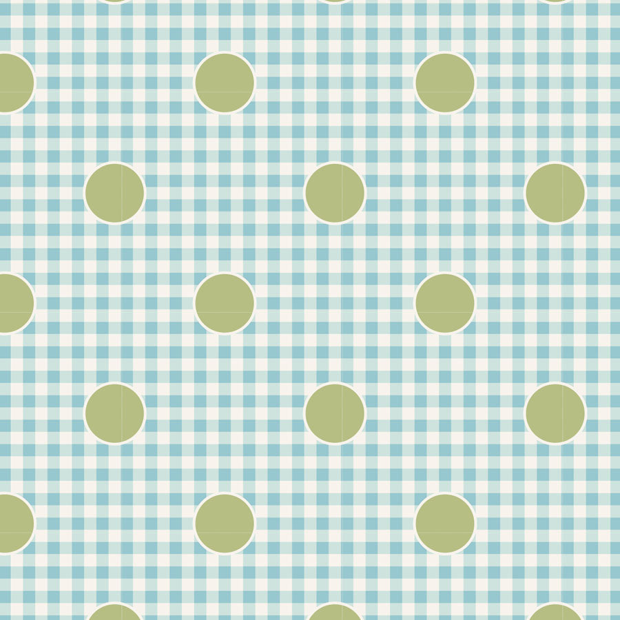 A repeating pattern of light blue and white gingham check with large sage green polka dots outlined in white.
Photo by Tildafabrics.com [image_link]