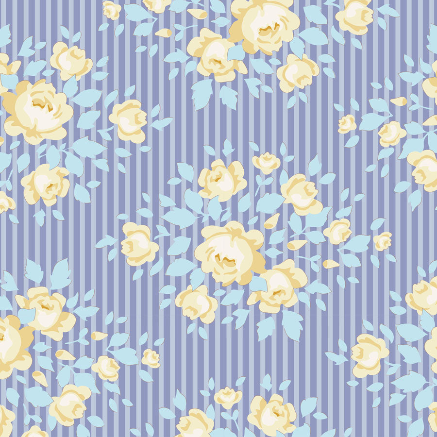 A repeating floral pattern featuring pale yellow roses and light blue leaves on a lavender-purple background with thin vertical stripes.
Photo by Tildafabrics.com [image_link]