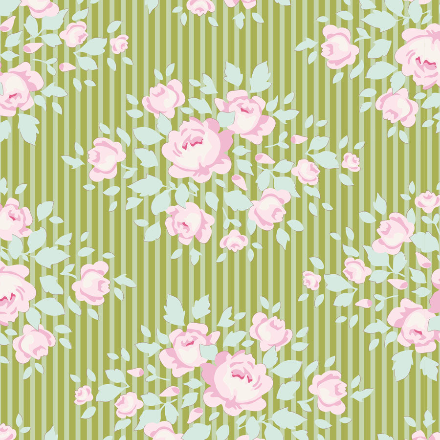 A repeating floral pattern featuring light pink roses and pale mint green leaves over a vertical olive green and cream stripe background.
Photo by Tildafabrics.com [image_link]
