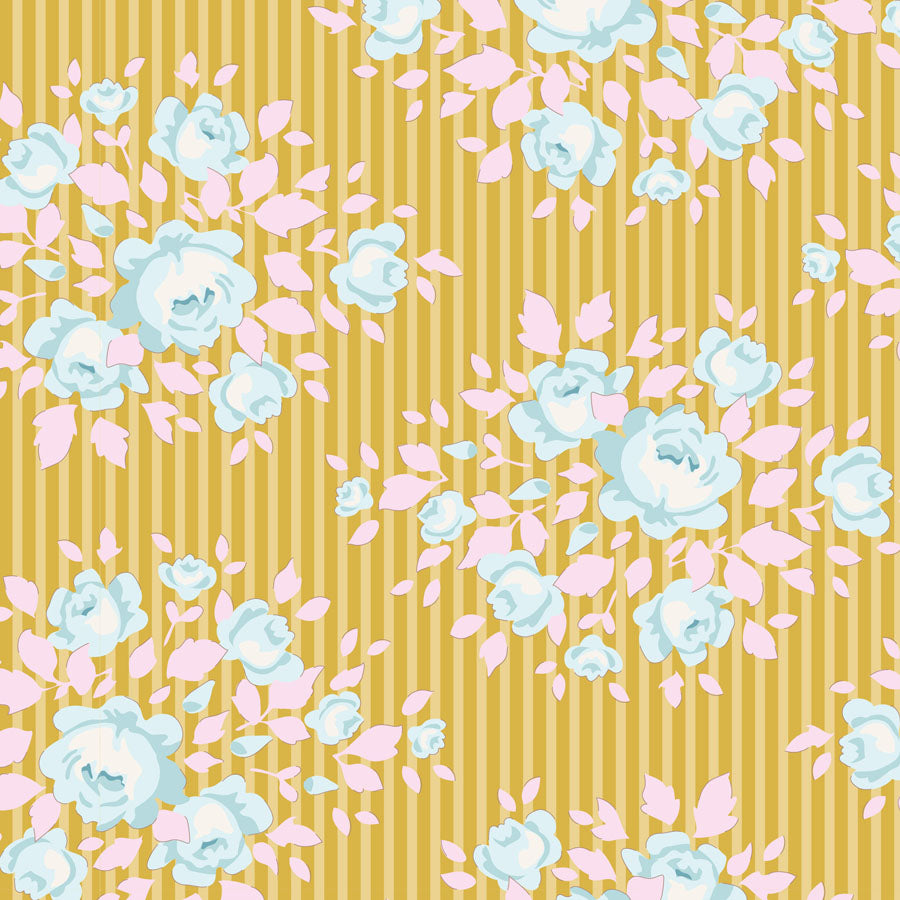 A repeating floral pattern featuring light blue roses and soft pink leaves over a mustard yellow background with vertical stripes.
Photo by Tildafabrics.com [image_link]
