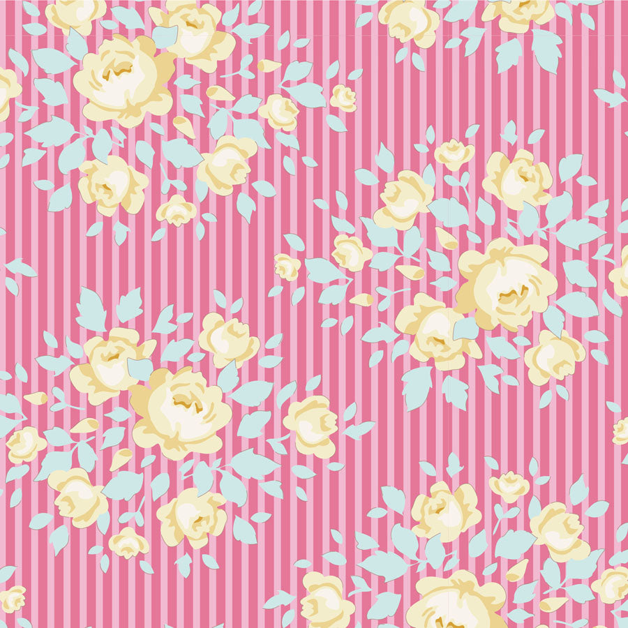 A repeating floral pattern featuring pale yellow roses and light blue leaves over a pink background with vertical stripes.
Photo by Tildafabrics.com [image_link]