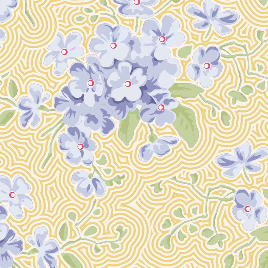 Floral pattern with purple flowers and green leaves on a yellow background.
Photo by Tildafabrics.com [image_link]