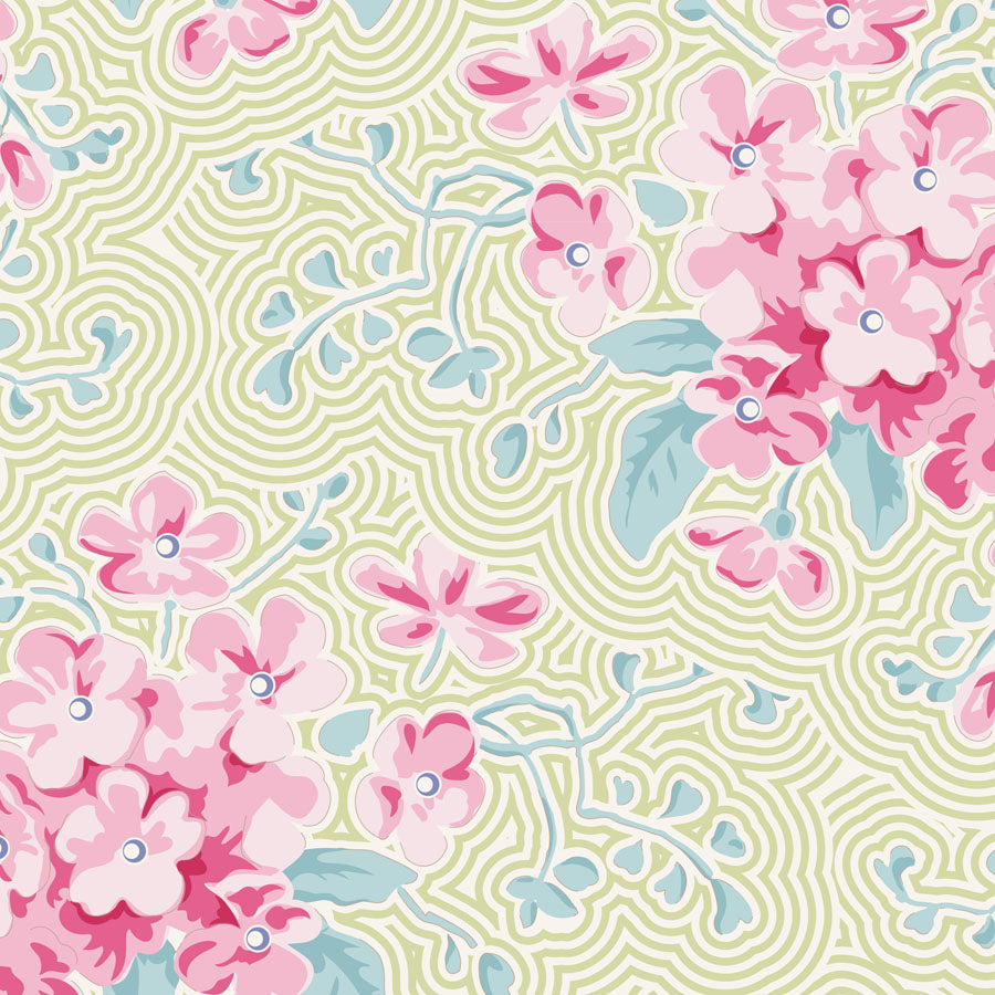 Floral pattern with pink flowers and green leaves on a light green background.
Photo by Tildafabrics.com [image_link]