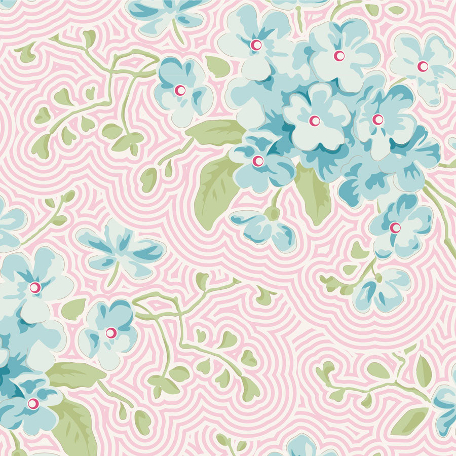 A repeating floral pattern featuring light blue flowers with green leaves on a pink background with wavy concentric line motifs.
Photo by Tildafabrics.com [image_link]