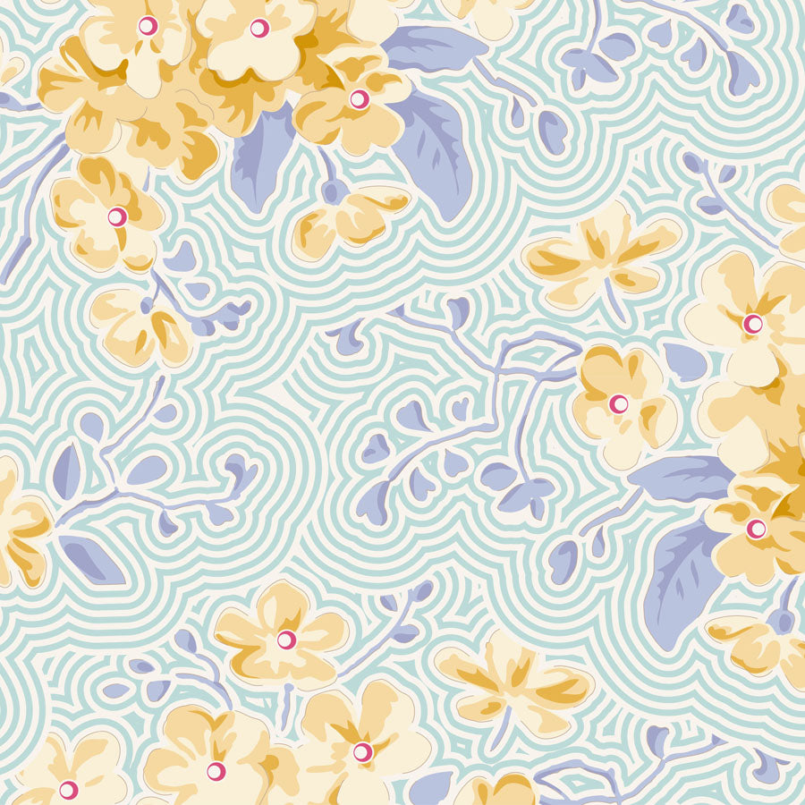 A repeating floral pattern featuring pale yellow flowers with lavender-blue leaves and stems over a light aqua background with concentric wavy lines.
Photo by Tildafabrics.com [image_link]