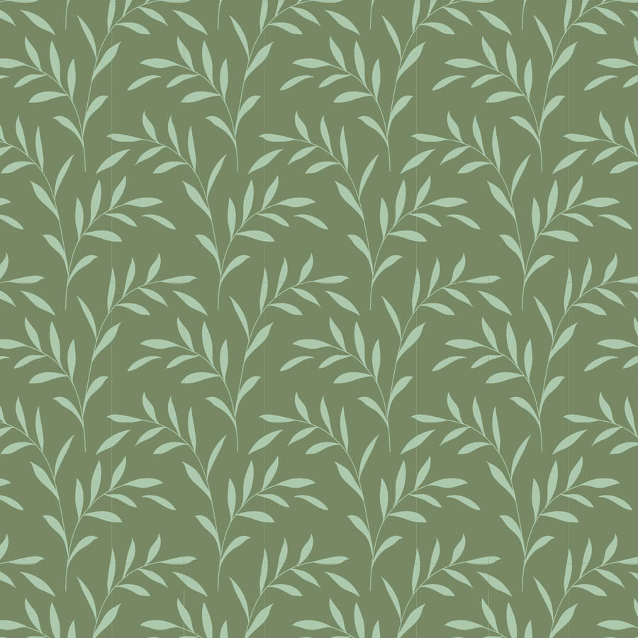 A repeating botanical pattern of pale mint green leafy stems on an olive green background.
Photo by Tildafabrics.com [image_link]