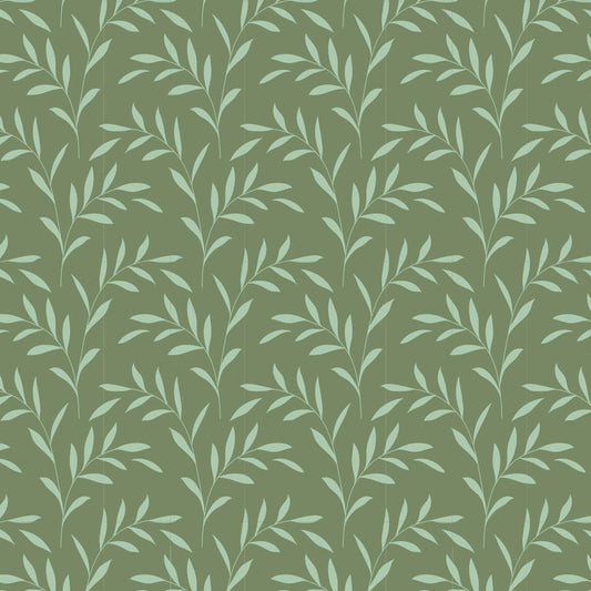 A repeating botanical pattern of pale mint green leafy stems on an olive green background.
Photo by Tildafabrics.com [image_link]