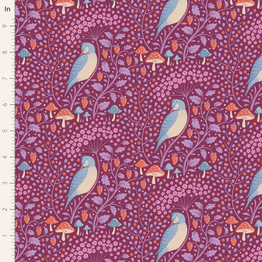 A fabric featuring a floral and bird print design on a purple background.
Photo by Tildafabrics.com [image_link]