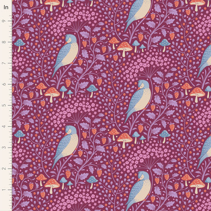 A fabric featuring a floral and bird print design on a purple background.
Photo by Tildafabrics.com [image_link]