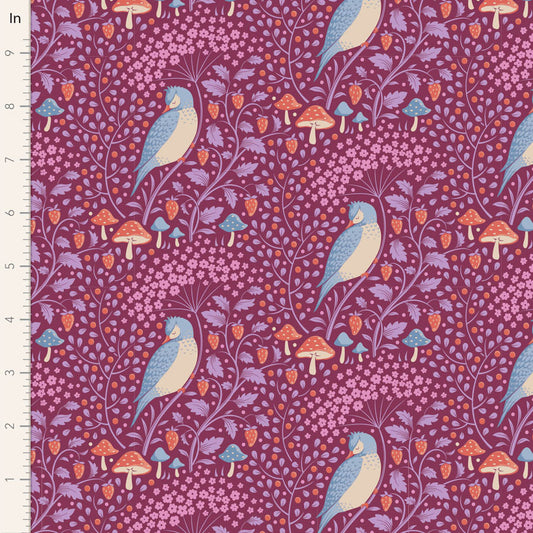 A fabric featuring a floral and bird print design on a purple background.
Photo by Tildafabrics.com [image_link]