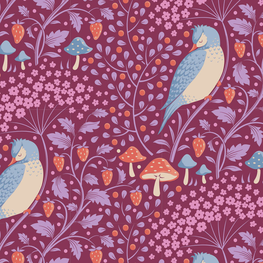 A fabric featuring a floral and bird print design on a purple background.
Photo by Tildafabrics.com [additional_image_link]