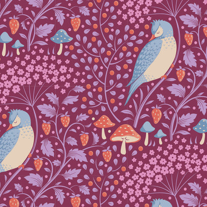 A fabric featuring a floral and bird print design on a purple background.
Photo by Tildafabrics.com [additional_image_link]