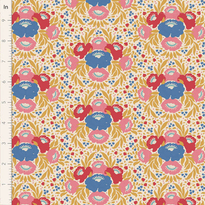 Floral patterned fabric with a ruler for scale on a beige background.
Photo by Tildafabrics.com [image_link]