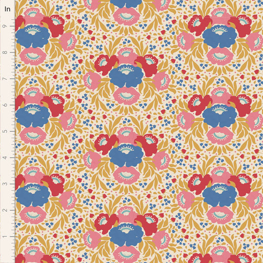 Floral patterned fabric with a ruler for scale on a beige background.
Photo by Tildafabrics.com [image_link]
