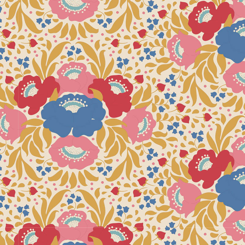 Floral patterned fabric with a ruler for scale on a beige background.
Photo by Tildafabrics.com [additional_image_link]