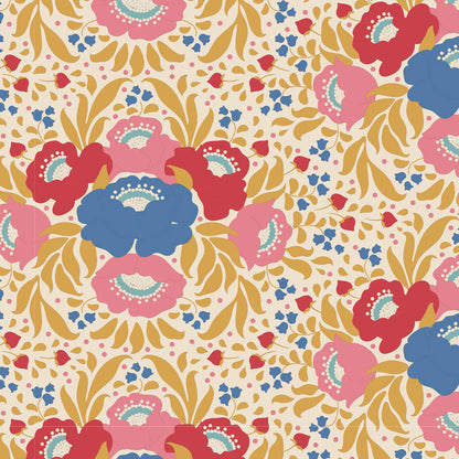 Floral patterned fabric with a ruler for scale on a beige background.
Photo by Tildafabrics.com [additional_image_link]