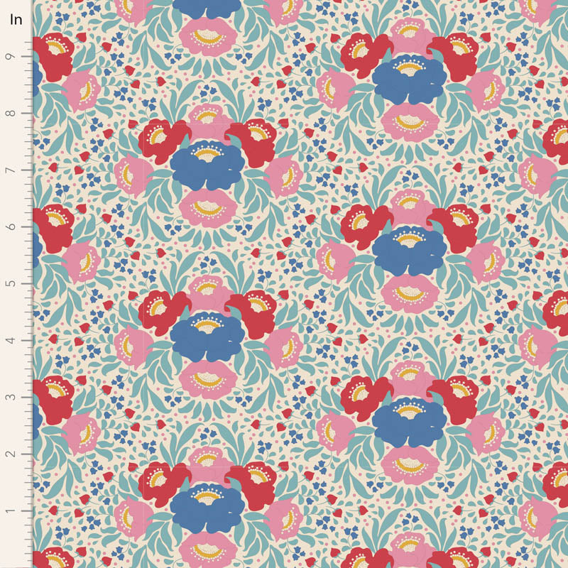 A fabric from the Jubilee Autumn Bouquet Teal by Tone Finnanger for Tilda Fabrics, showing a pattern of teal, red, and blue floral designs on a cream background.
Photo by Tildafabrics.com [image_link]