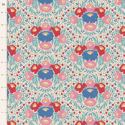 A fabric from the Jubilee Autumn Bouquet Teal by Tone Finnanger for Tilda Fabrics, showing a pattern of teal, red, and blue floral designs on a cream background.
Photo by Tildafabrics.com [image_link]