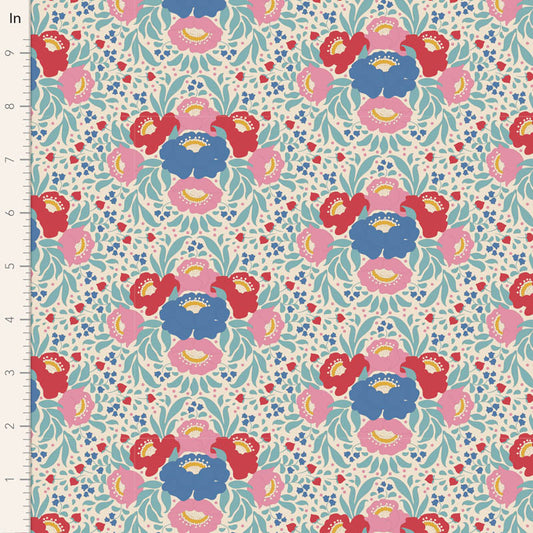 A fabric from the Jubilee Autumn Bouquet Teal by Tone Finnanger for Tilda Fabrics, showing a pattern of teal, red, and blue floral designs on a cream background.
Photo by Tildafabrics.com [image_link]