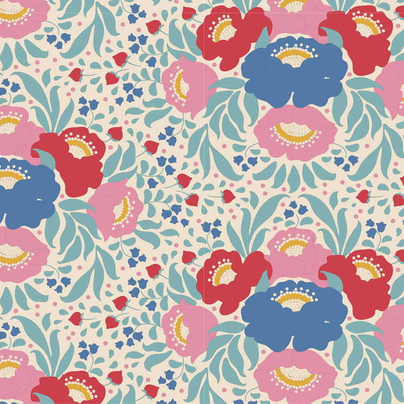 A fabric from the Jubilee Autumn Bouquet Teal by Tone Finnanger for Tilda Fabrics, showing a pattern of teal, red, and blue floral designs on a cream background close up.
Photo by Tildafabrics.com [additional_image_link]