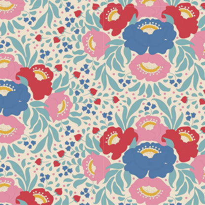 A fabric from the Jubilee Autumn Bouquet Teal by Tone Finnanger for Tilda Fabrics, showing a pattern of teal, red, and blue floral designs on a cream background close up.
Photo by Tildafabrics.com [additional_image_link]