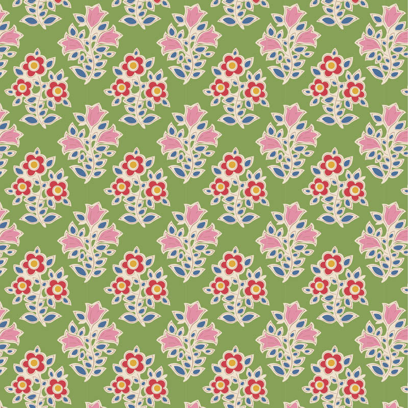 Floral pattern with pink, red, and blue flowers on a green background.
Photo by Tildafabrics.com [image_link]